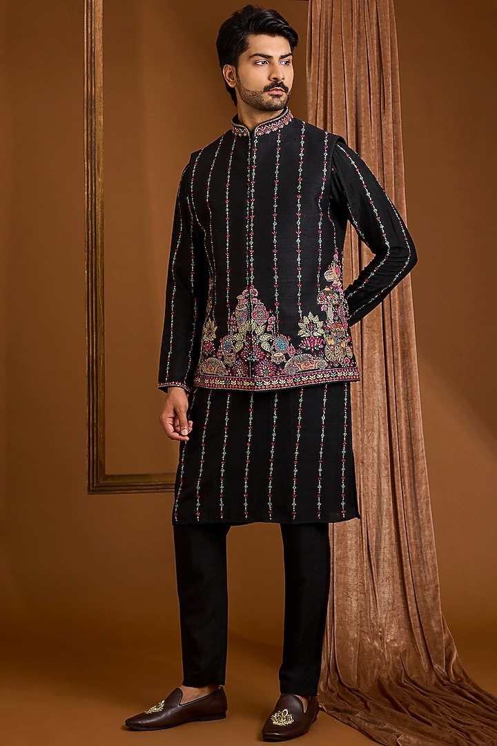 Jet Black Silk Nehru Jacket Set by SAMMOHAN at Pernia's Pop Up Shop