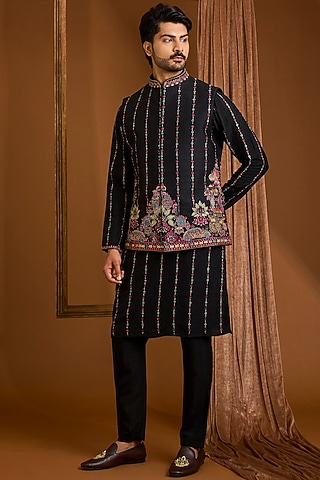 Jet Black Silk Nehru Jacket Set by SAMMOHAN
