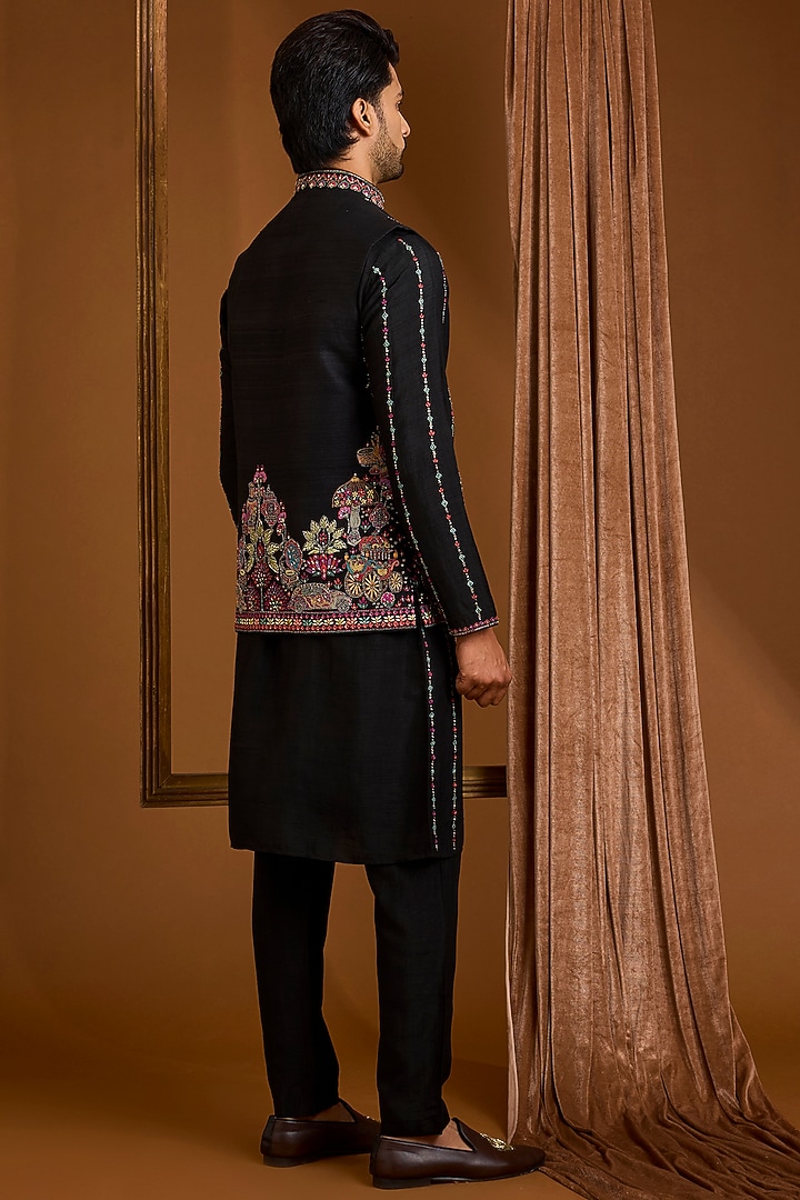 Jet Black Silk Nehru Jacket Set by SAMMOHAN at Pernia's Pop Up Shop