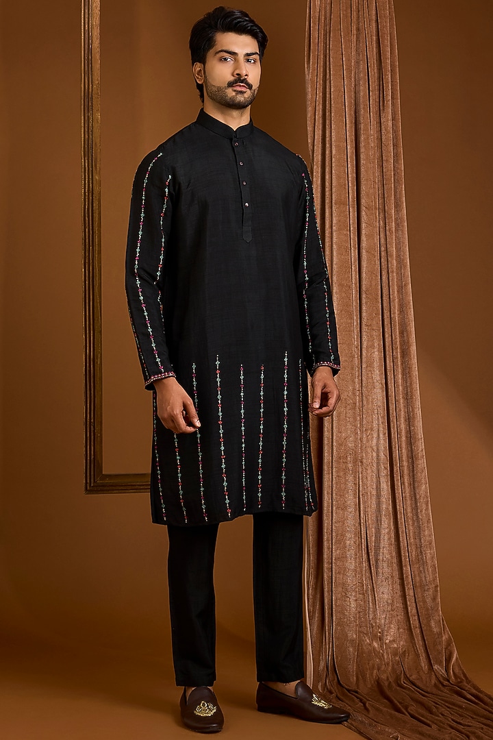 Jet Black Silk Nehru Jacket Set by SAMMOHAN at Pernia's Pop Up Shop