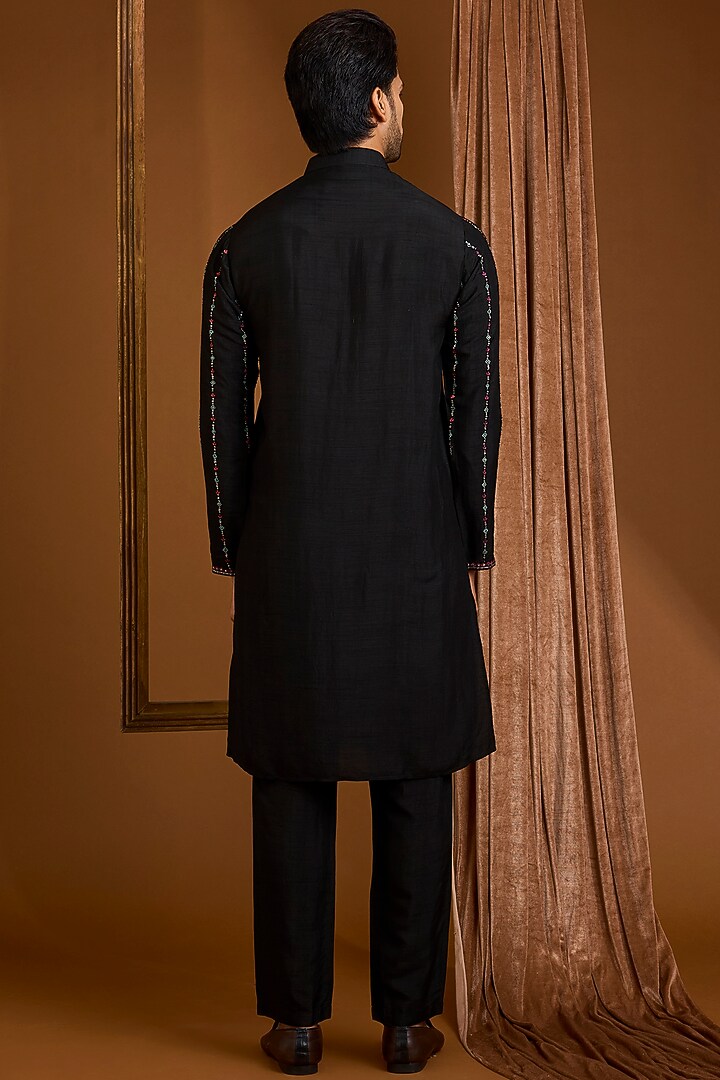 Jet Black Silk Nehru Jacket Set by SAMMOHAN at Pernia's Pop Up Shop