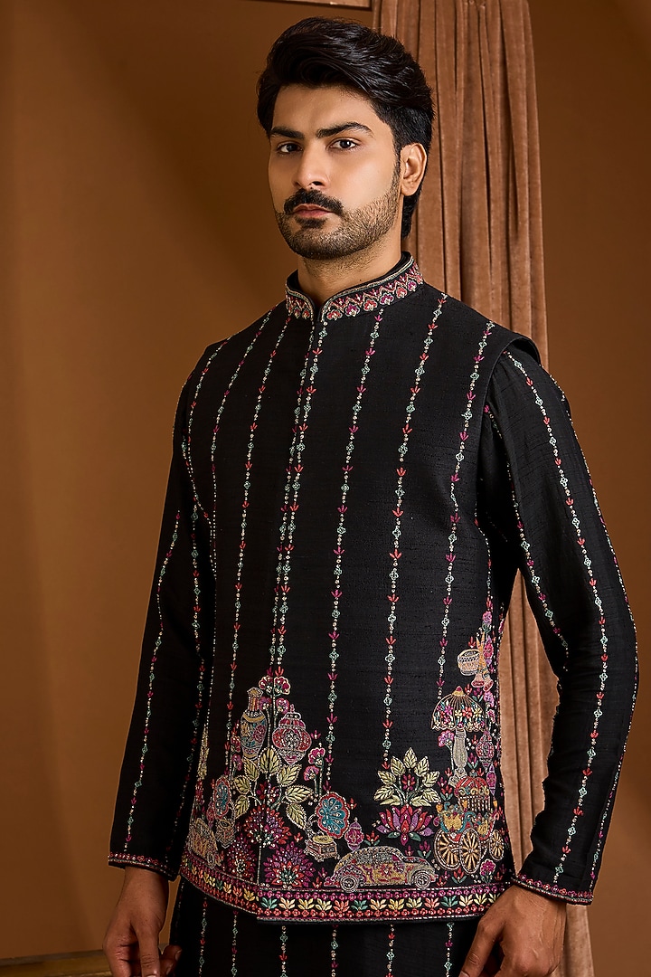 Jet Black Silk Nehru Jacket Set by SAMMOHAN at Pernia's Pop Up Shop