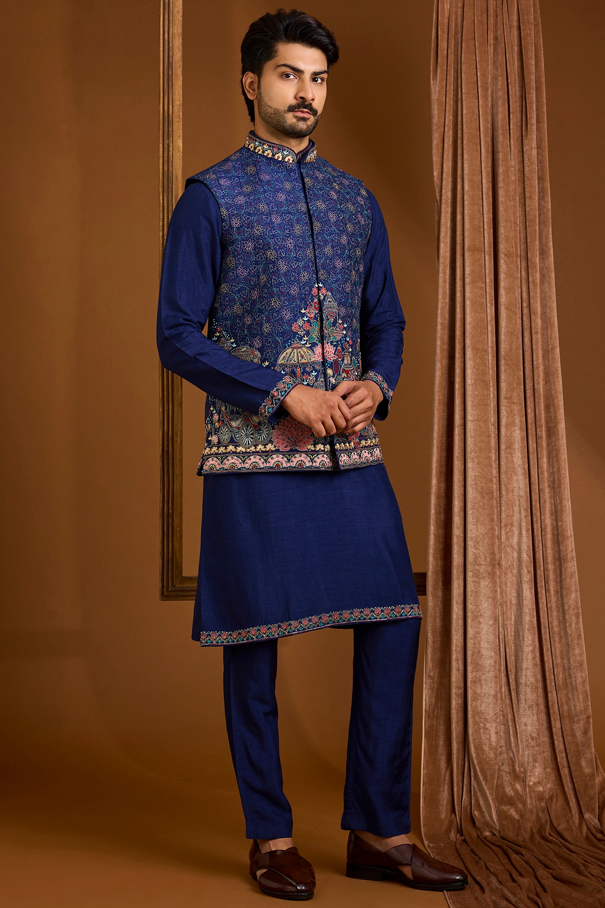 SAMMOHAN Navy Silk Nehru Jacket Set