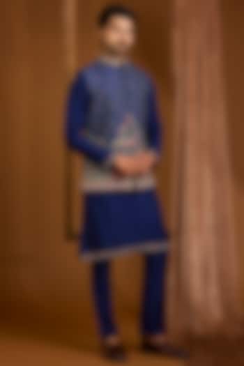 Navy Silk Nehru Jacket Set by SAMMOHAN at Pernia's Pop Up Shop