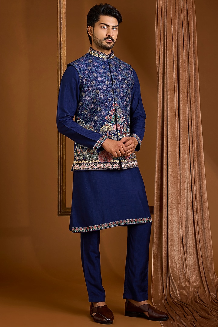 Navy Silk Nehru Jacket Set by SAMMOHAN at Pernia's Pop Up Shop