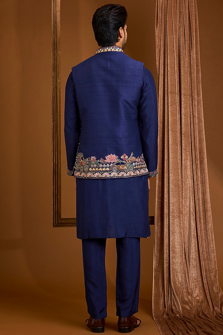 Navy Silk Nehru Jacket Set by SAMMOHAN at Pernia's Pop Up Shop