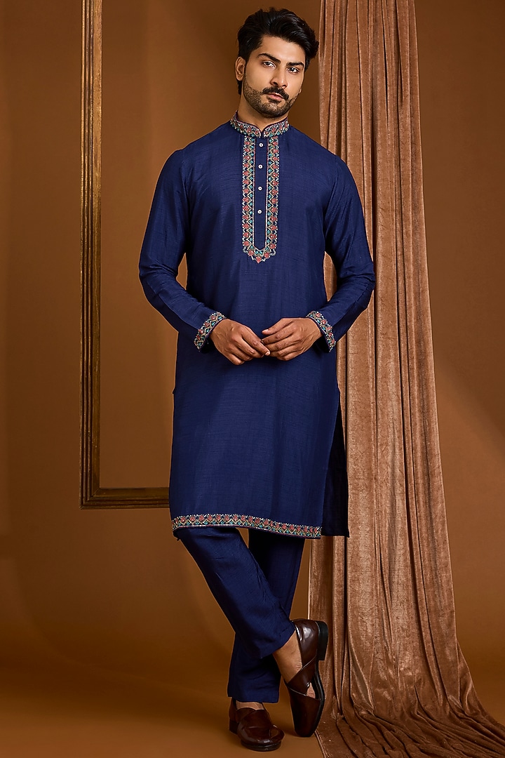 Navy Silk Nehru Jacket Set by SAMMOHAN at Pernia's Pop Up Shop