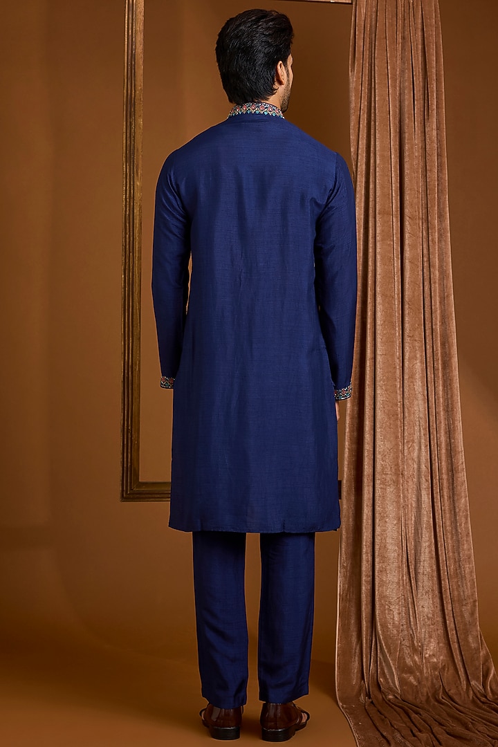 Navy Silk Nehru Jacket Set by SAMMOHAN at Pernia's Pop Up Shop