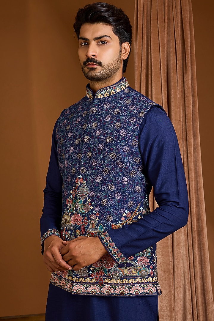Navy Silk Nehru Jacket Set by SAMMOHAN at Pernia's Pop Up Shop