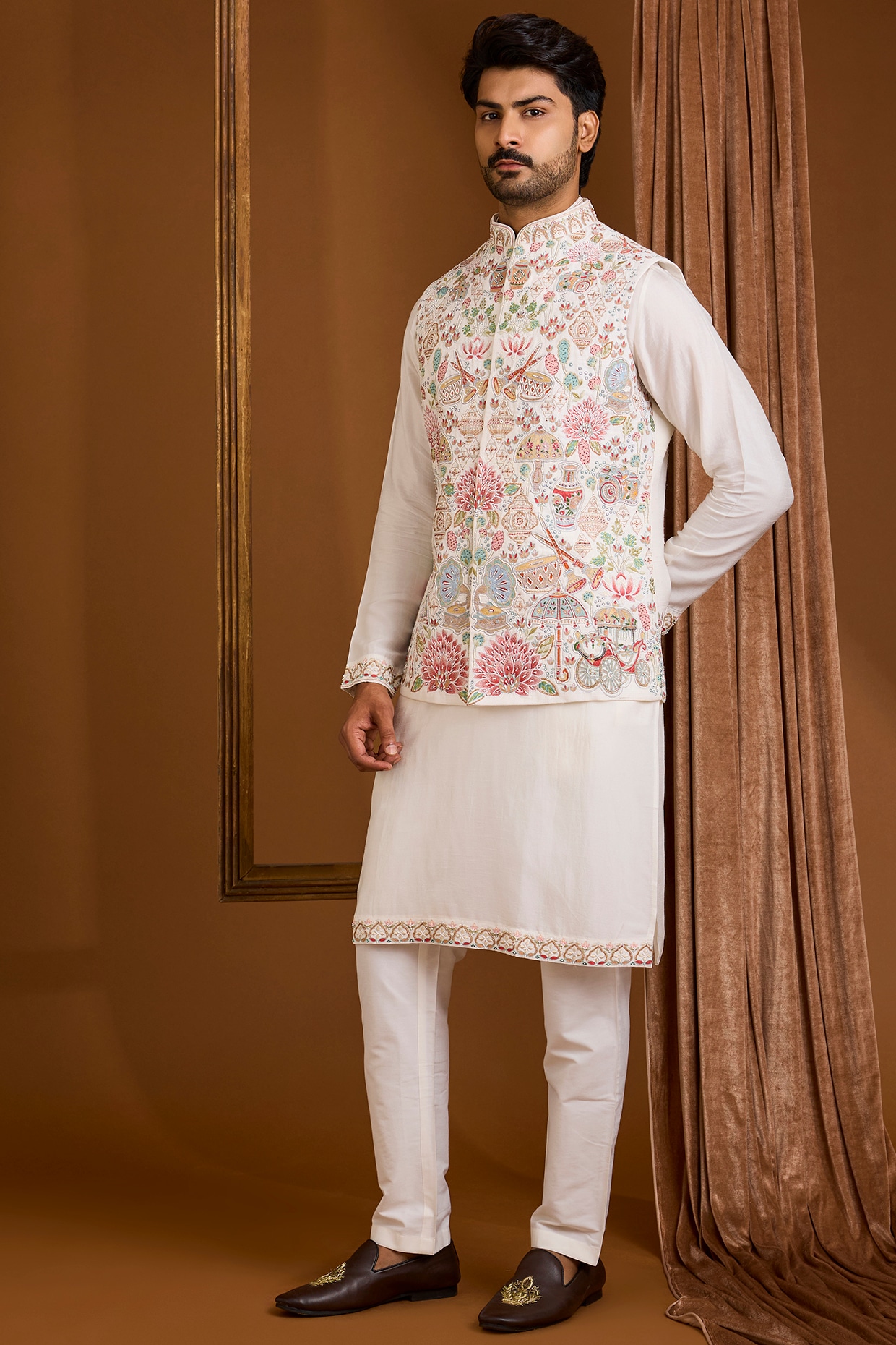 SAMMOHAN Ivory Silk Nehru Jacket Set