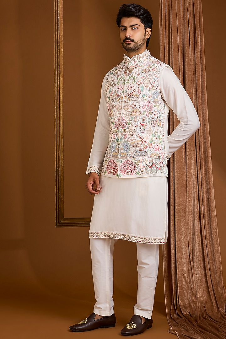 Ivory Silk Nehru Jacket Set by SAMMOHAN at Pernia's Pop Up Shop