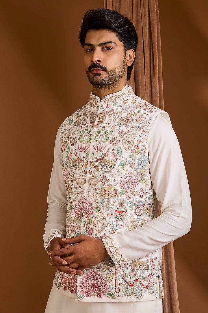Ivory Silk Nehru Jacket Set by SAMMOHAN at Pernia's Pop Up Shop