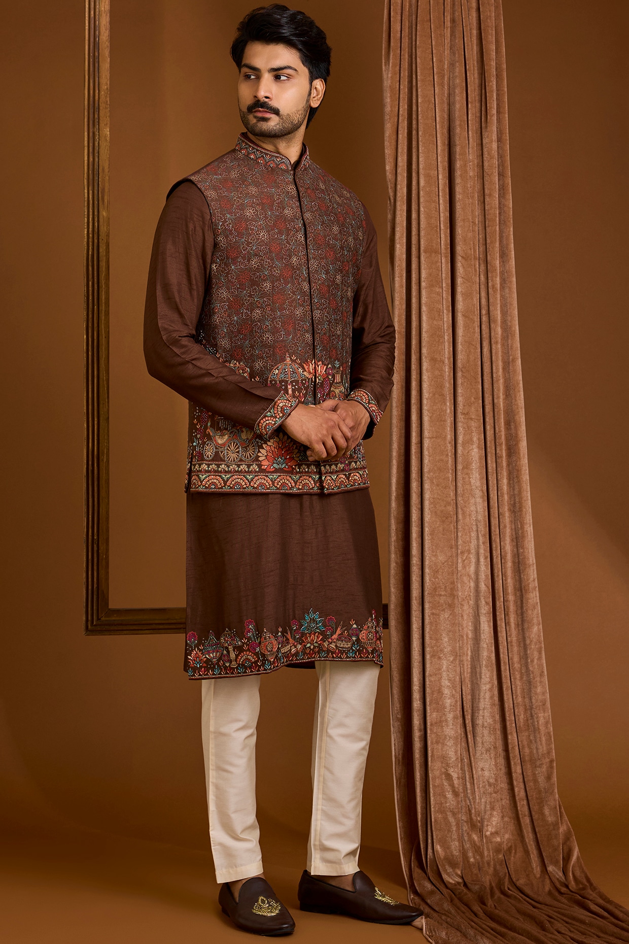 SAMMOHAN Brown Silk Nehru Jacket Set