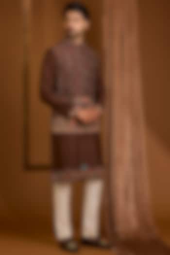Brown Silk Nehru Jacket Set by SAMMOHAN at Pernia's Pop Up Shop