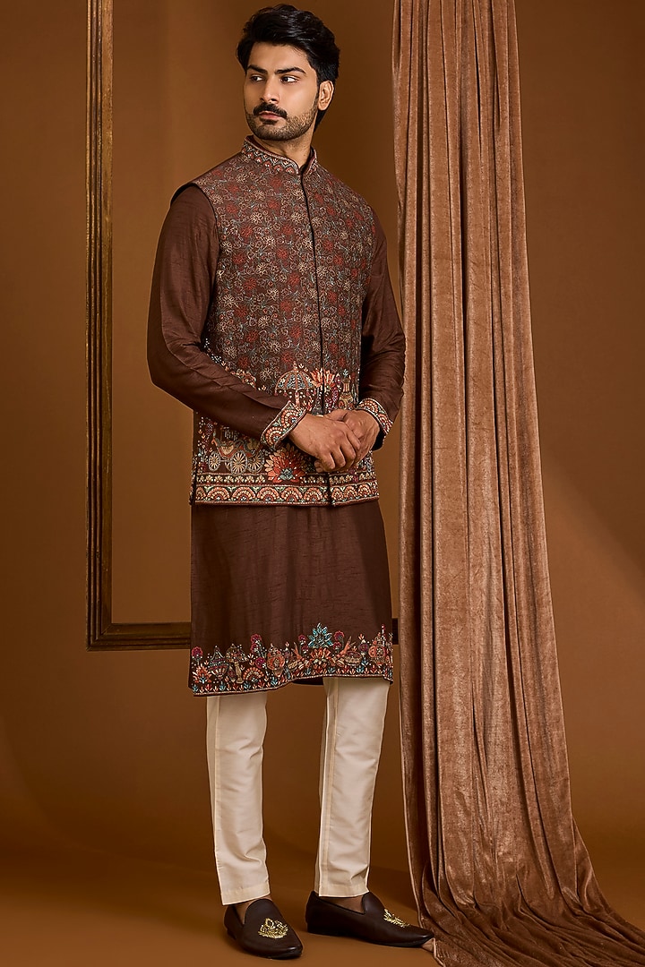 Brown Silk Nehru Jacket Set by SAMMOHAN at Pernia's Pop Up Shop