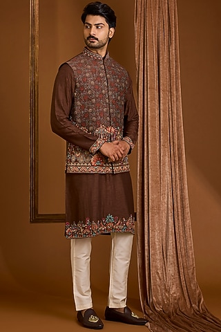Brown Silk Nehru Jacket Set by SAMMOHAN
