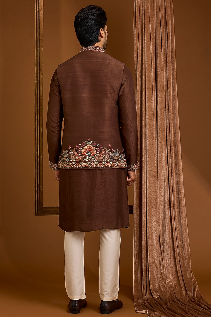 Brown Silk Nehru Jacket Set by SAMMOHAN at Pernia's Pop Up Shop