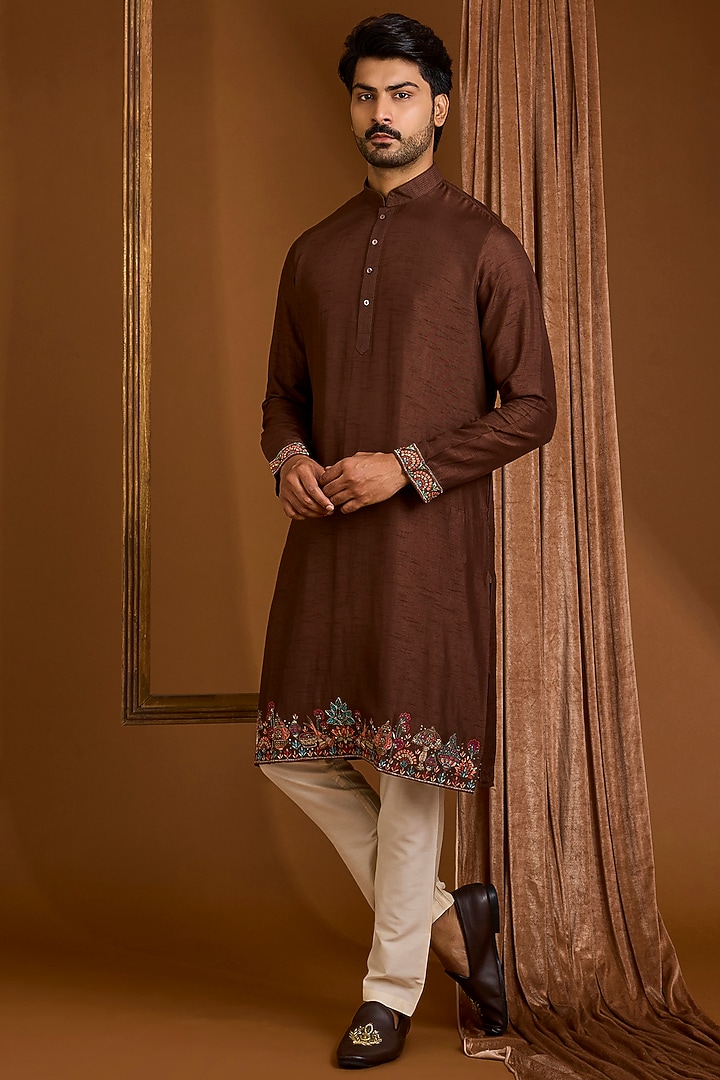 Brown Silk Nehru Jacket Set by SAMMOHAN at Pernia's Pop Up Shop