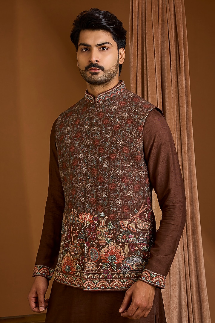 Brown Silk Nehru Jacket Set by SAMMOHAN at Pernia's Pop Up Shop