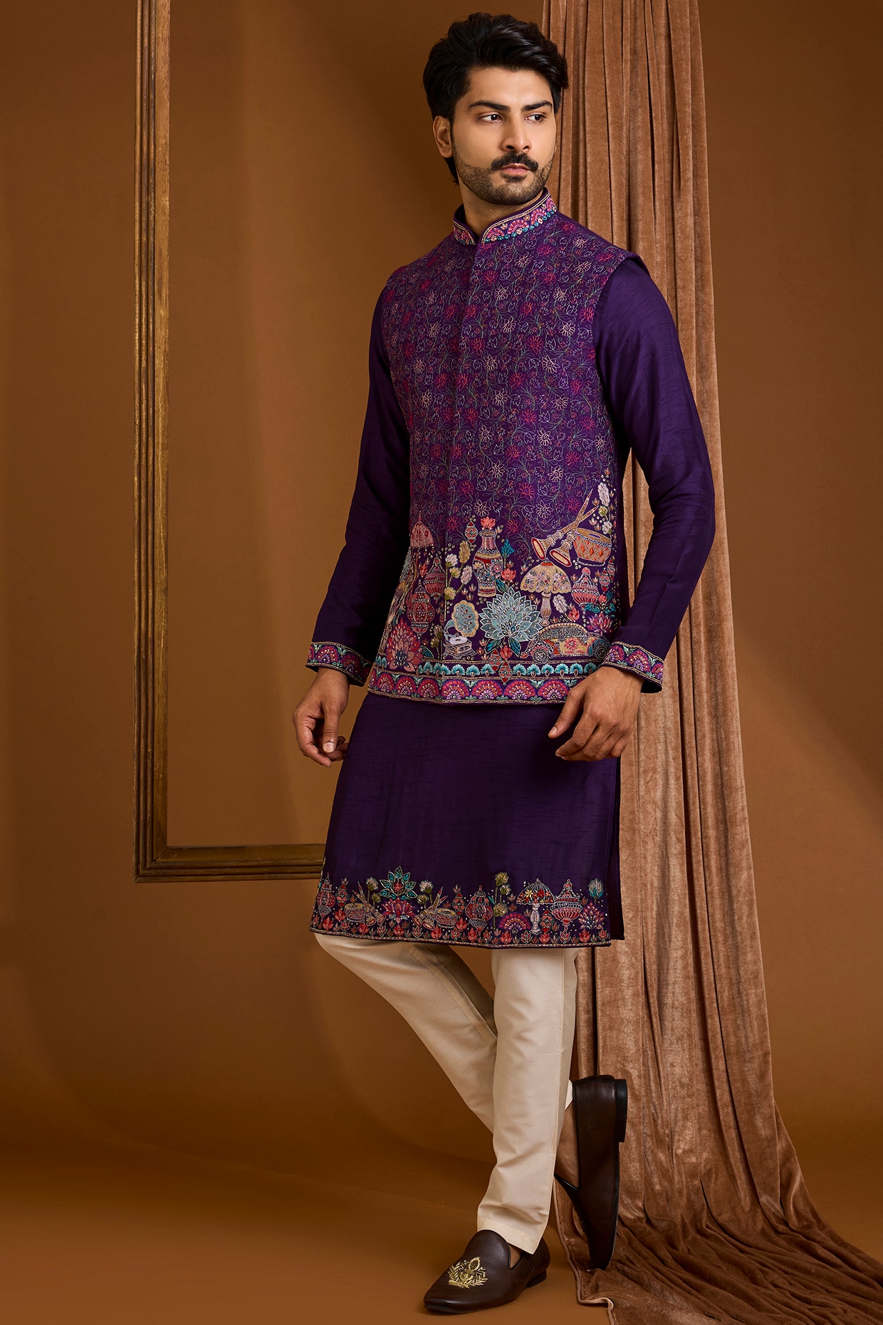 SAMMOHAN Purple Silk Nehru Jacket Set