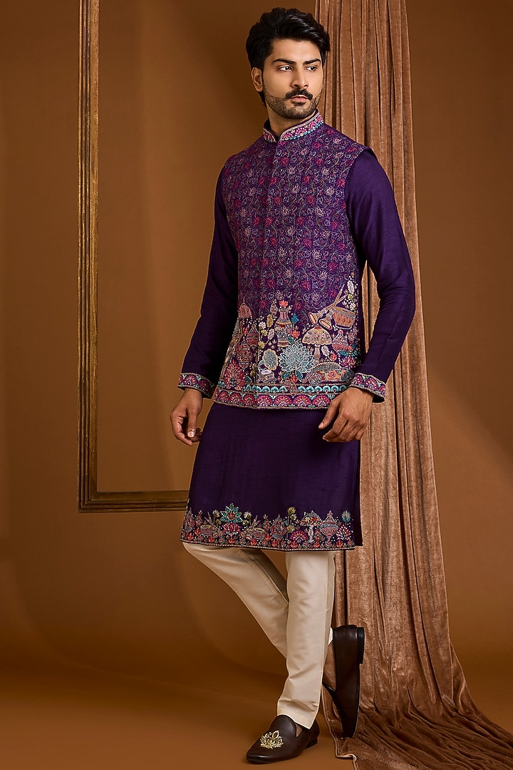 Purple Silk Nehru Jacket Set by SAMMOHAN at Pernia's Pop Up Shop