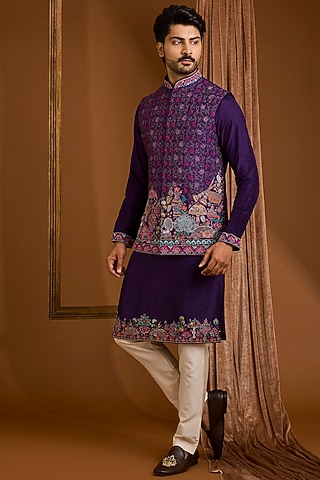 Purple Silk Nehru Jacket Set by SAMMOHAN