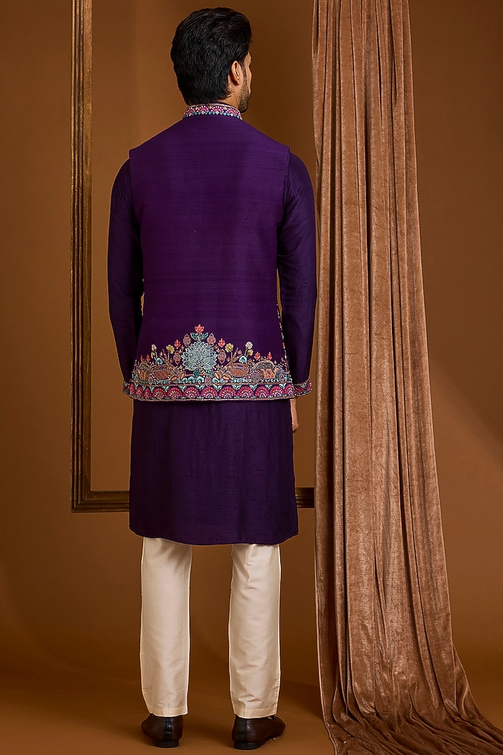 Purple Silk Nehru Jacket Set by SAMMOHAN at Pernia's Pop Up Shop