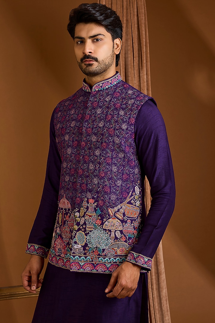 Purple Silk Nehru Jacket Set by SAMMOHAN at Pernia's Pop Up Shop