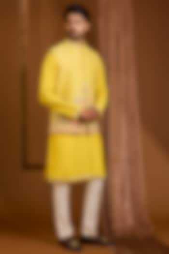 Yellow Silk Nehru Jacket Set by SAMMOHAN at Pernia's Pop Up Shop