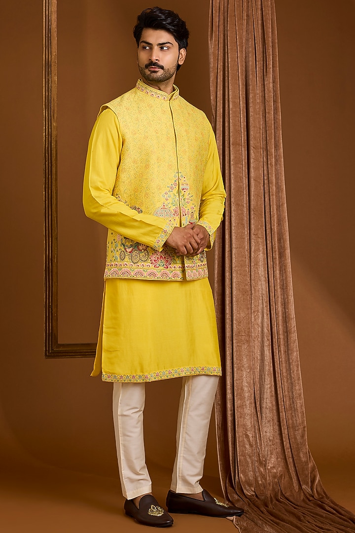 Yellow Silk Nehru Jacket Set by SAMMOHAN at Pernia's Pop Up Shop