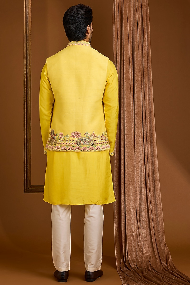 Yellow Silk Nehru Jacket Set by SAMMOHAN at Pernia's Pop Up Shop