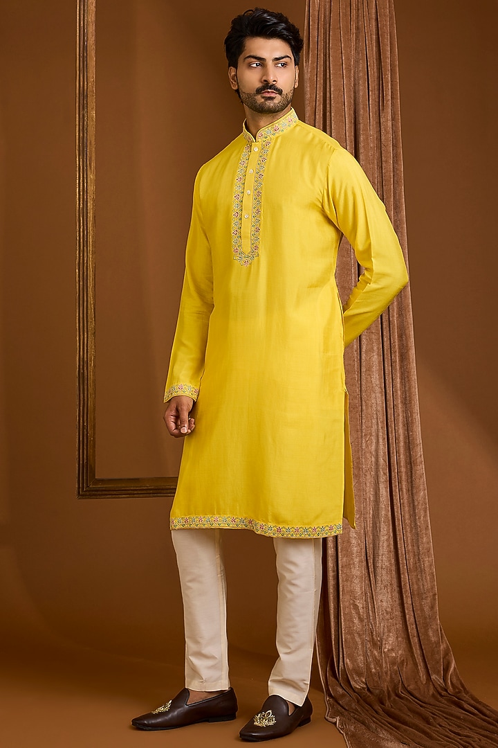 Yellow Silk Nehru Jacket Set by SAMMOHAN at Pernia's Pop Up Shop