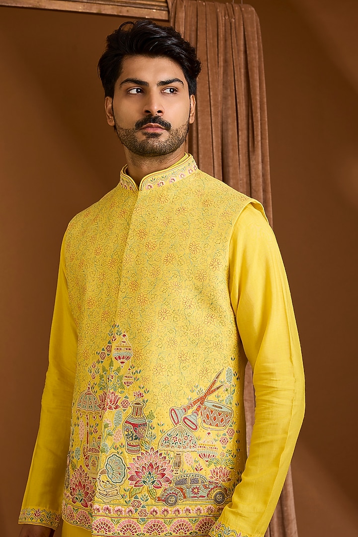 Yellow Silk Nehru Jacket Set by SAMMOHAN at Pernia's Pop Up Shop