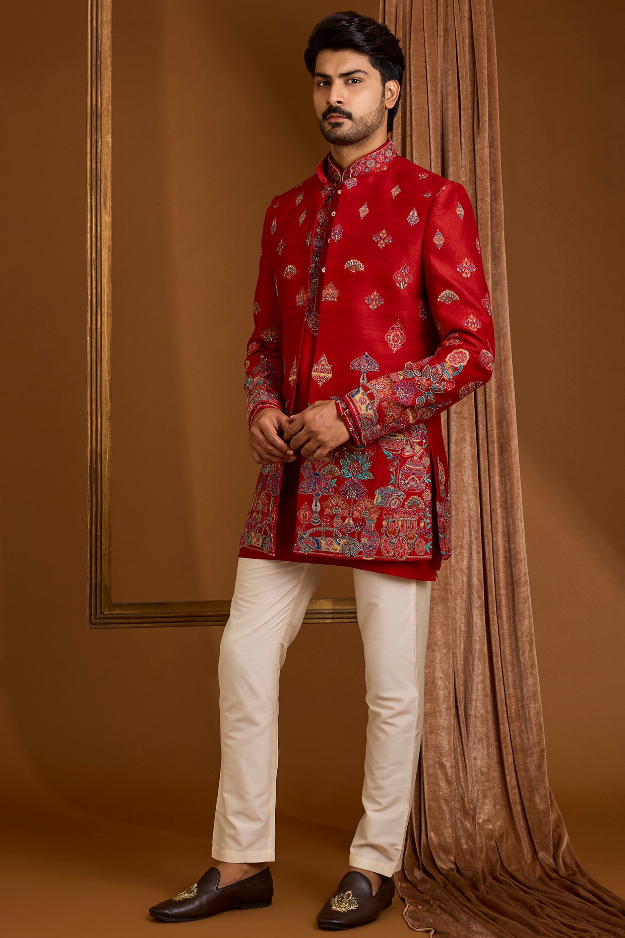 SAMMOHAN Red Silk Indowestern Set