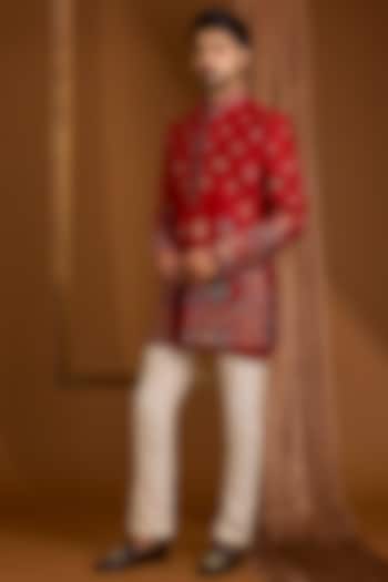 Red Silk Groom Indowestern Set by SAMMOHAN at Pernia's Pop Up Shop