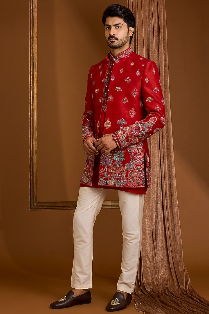 Red Silk Groom Indowestern Set by SAMMOHAN at Pernia's Pop Up Shop