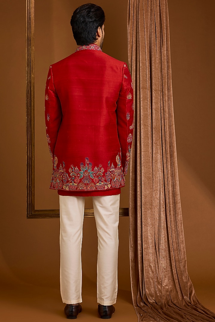 Red Silk Groom Indowestern Set by SAMMOHAN at Pernia's Pop Up Shop