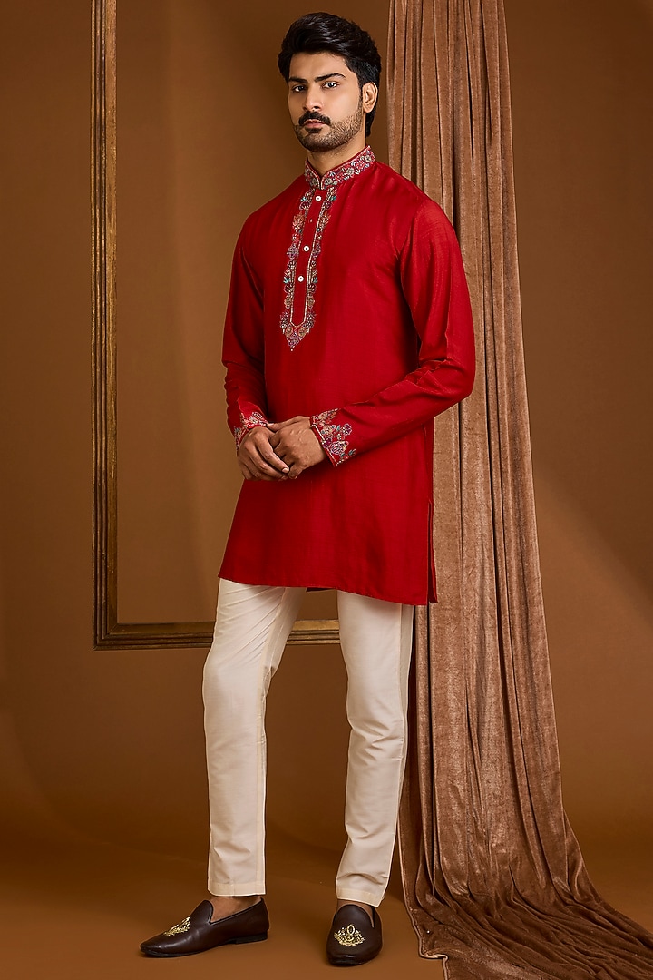 Red Silk Groom Indowestern Set by SAMMOHAN at Pernia's Pop Up Shop