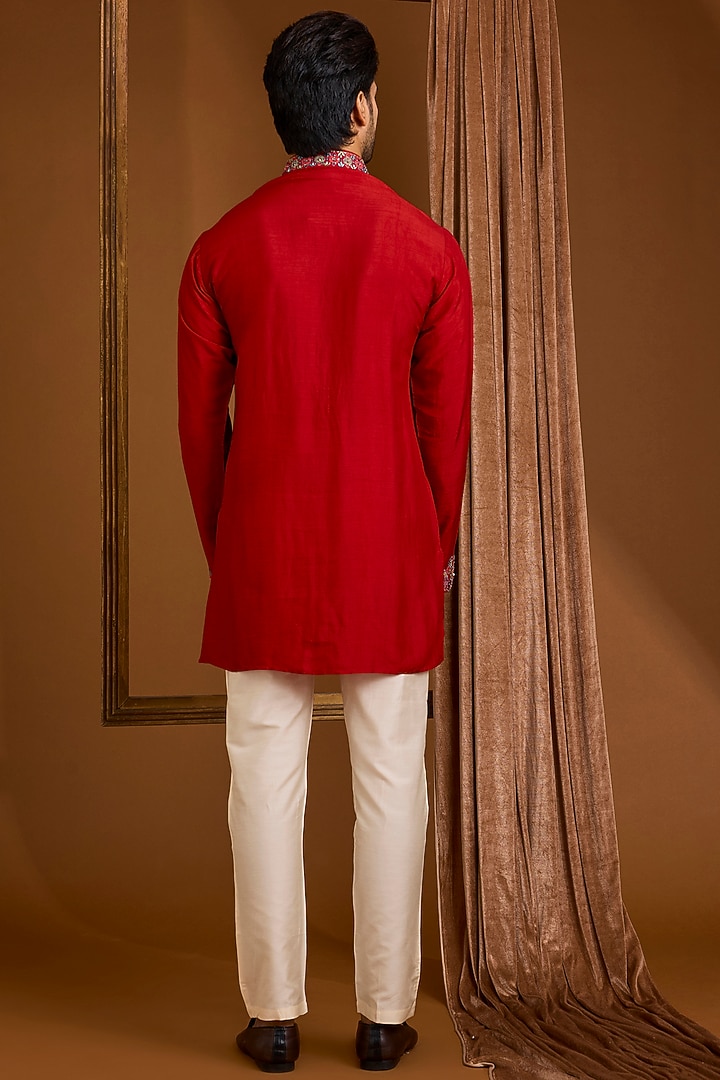 Red Silk Groom Indowestern Set by SAMMOHAN at Pernia's Pop Up Shop