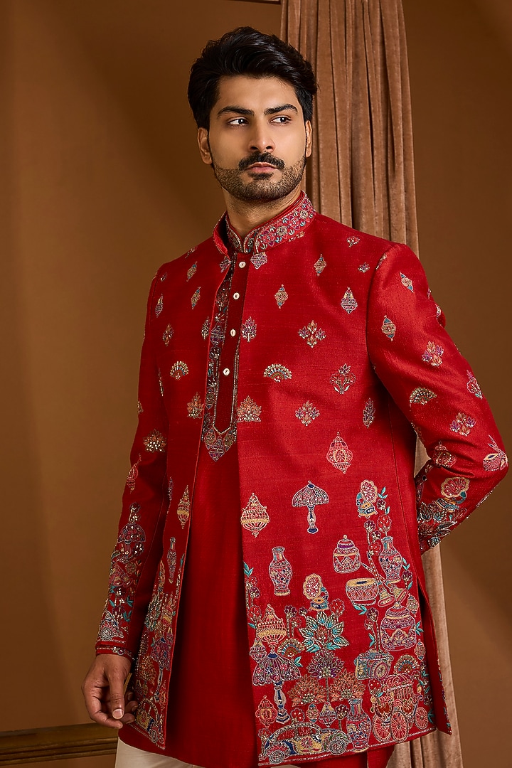 Red Silk Groom Indowestern Set by SAMMOHAN at Pernia's Pop Up Shop
