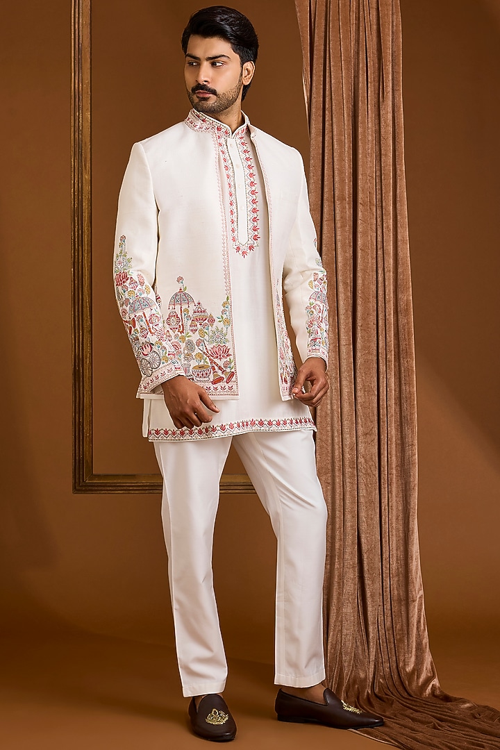 Ivory Silk Groom Indowestern Set by SAMMOHAN at Pernia's Pop Up Shop