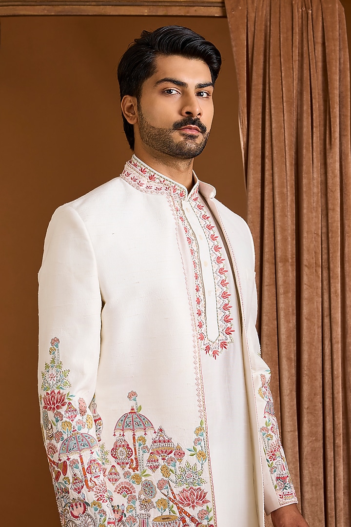 Ivory Silk Groom Indowestern Set by SAMMOHAN at Pernia's Pop Up Shop