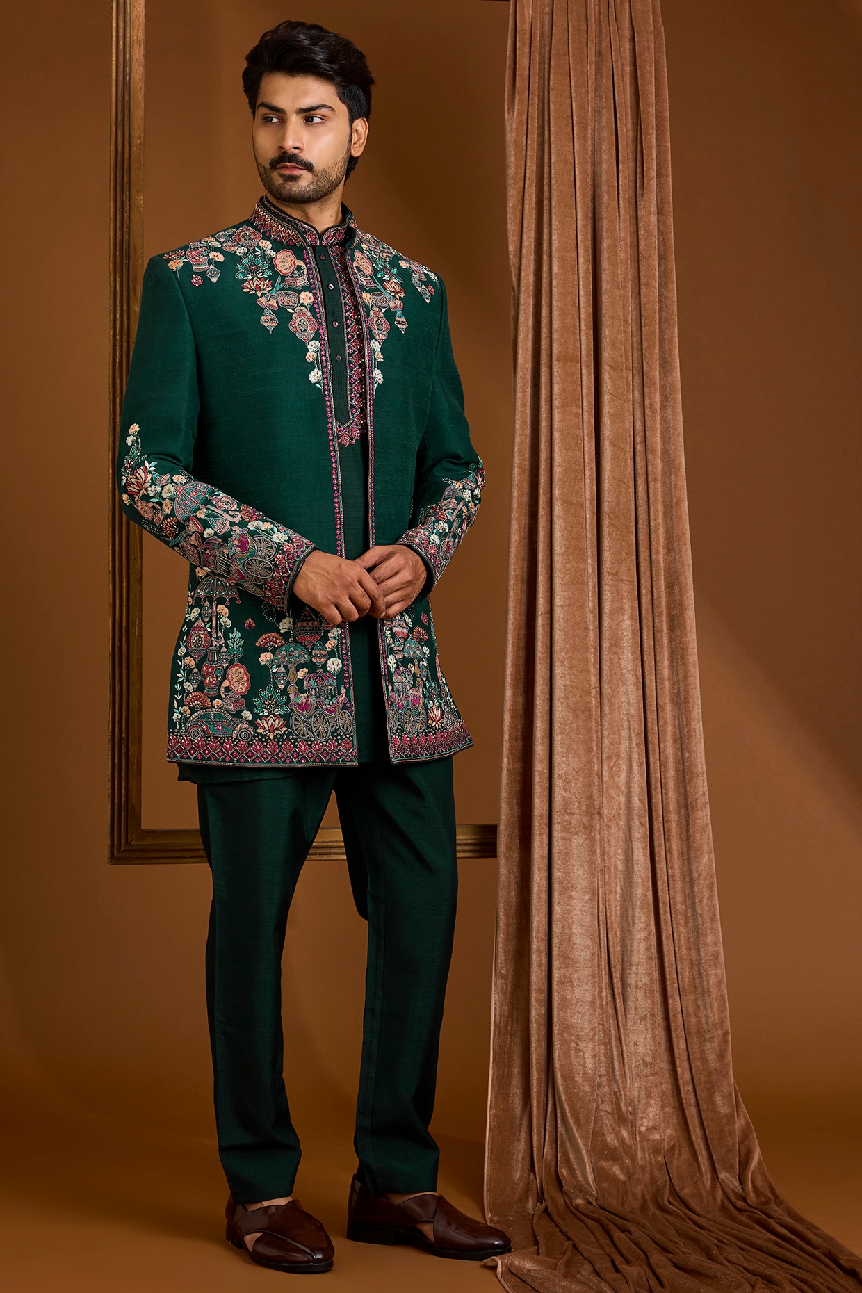 SAMMOHAN Emerald Green Silk Indowestern Set