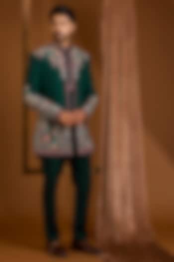 Emerald Green Silk Groom Indowestern Set by SAMMOHAN at Pernia's Pop Up Shop