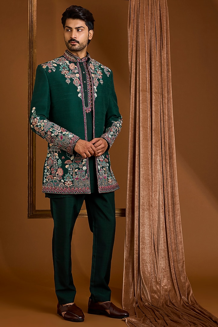 Emerald Green Silk Groom Indowestern Set by SAMMOHAN at Pernia's Pop Up Shop