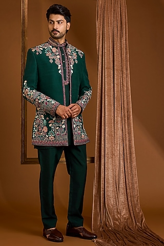 Emerald Green Silk Indowestern Set by SAMMOHAN