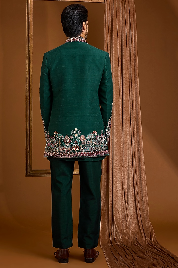 Emerald Green Silk Groom Indowestern Set by SAMMOHAN at Pernia's Pop Up Shop