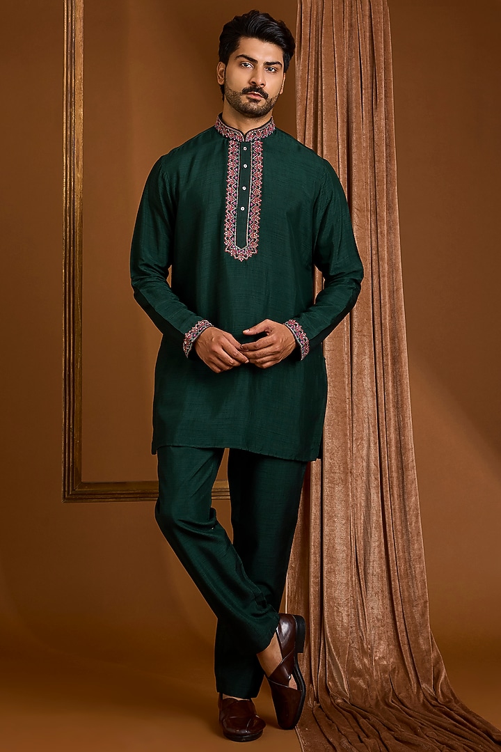 Emerald Green Silk Groom Indowestern Set by SAMMOHAN at Pernia's Pop Up Shop