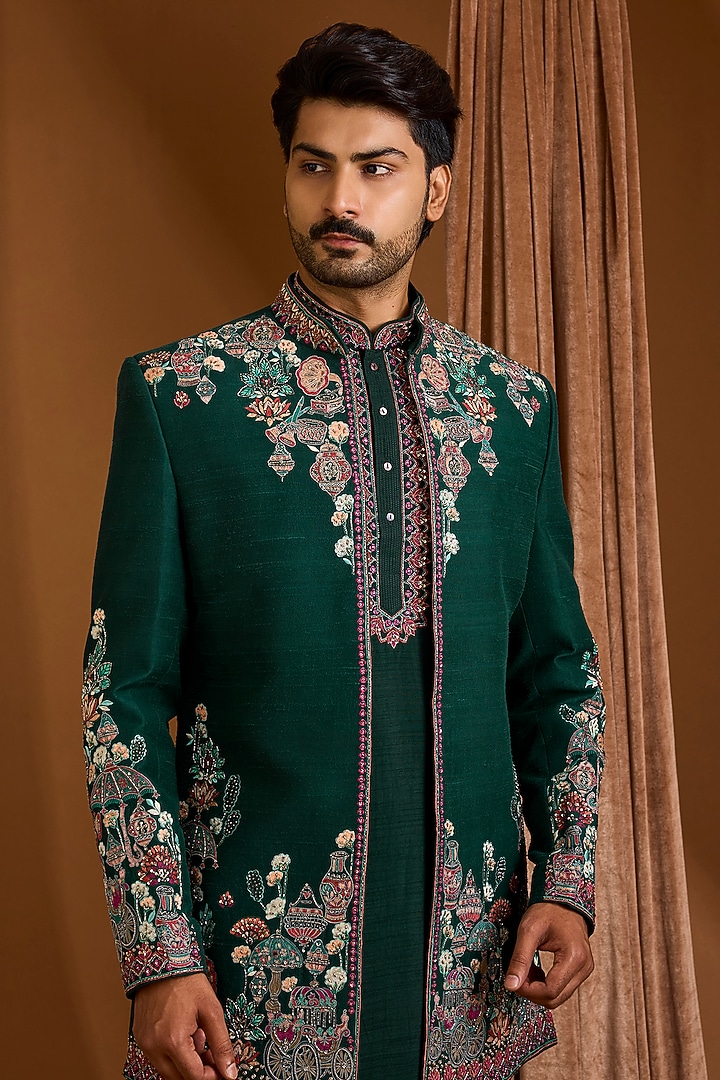 Emerald Green Silk Groom Indowestern Set by SAMMOHAN at Pernia's Pop Up Shop