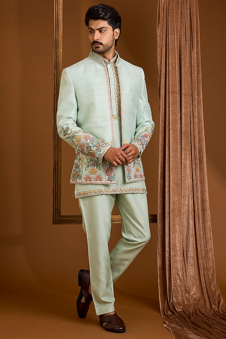 Mint Silk Groom Indowestern Set by SAMMOHAN at Pernia's Pop Up Shop